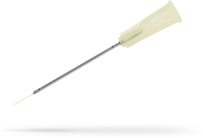 Disposable Dual bore BSS injection needle. (41 gauge / 0.1 mm)